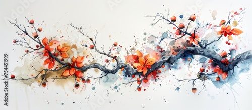 Watercolor painting of a branch with vibrant orange flowers blooming on it. © FryArt Studio