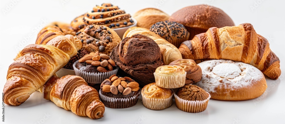 An assortment of various types of bread and pastries laid out together.