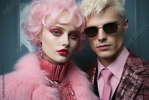 Elegant couple in glamorous pink and metallic outfits with a retro vibe © Georgii