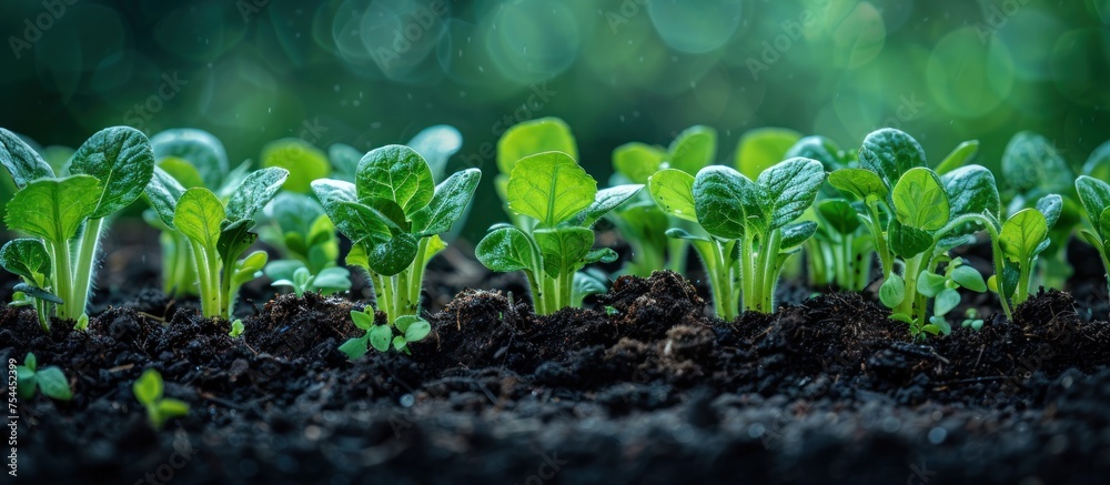 A row of vibrant green plants sprouting in dark soil, showcasing growth and natures resilience.