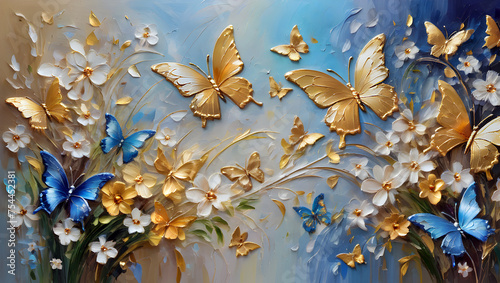 delicate spring flowers and light blue butterflies with a golden tint