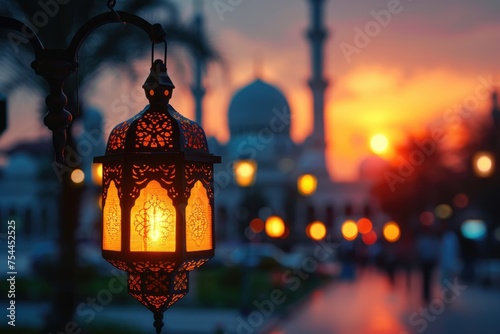 Realistic Glowing lantern illuminates for ramadan and Eid concept