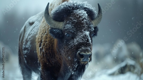 American Bison in Winter Snow Background