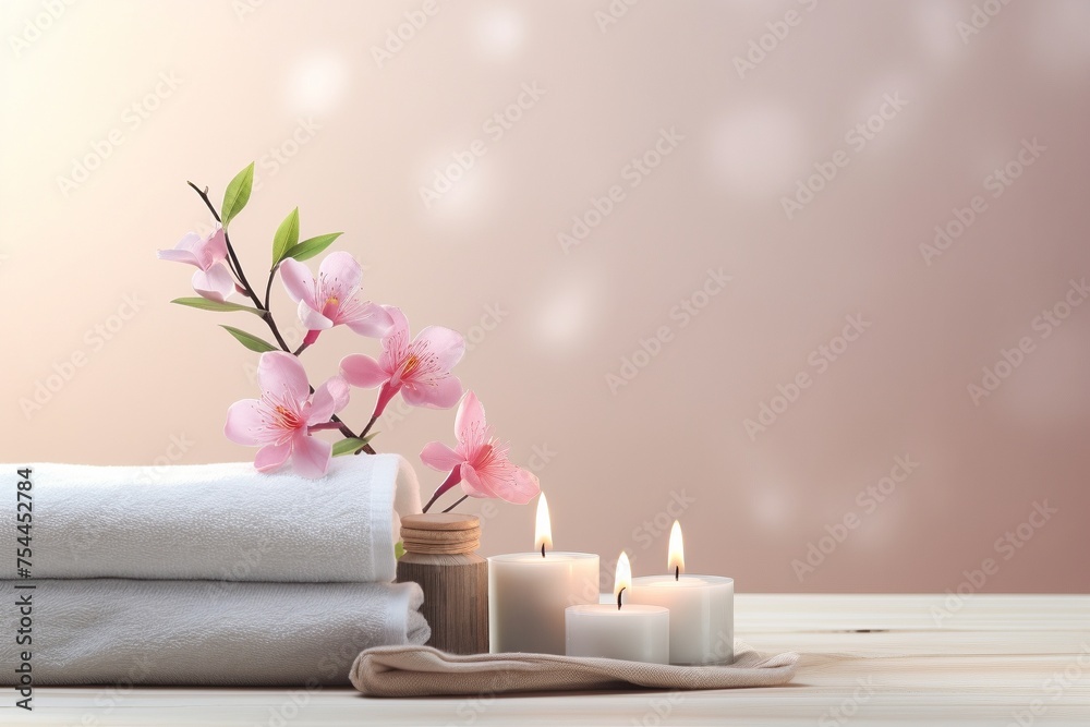 Background with pink flowers, candles, white towels, spa salon scene with copy space