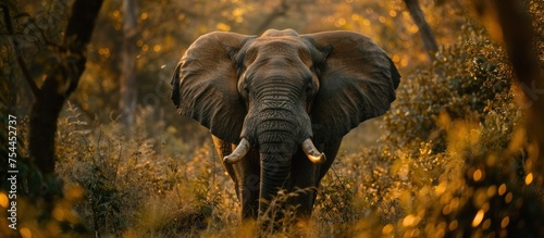 An elephant with large tusks walking through dense trees in a wooded area.