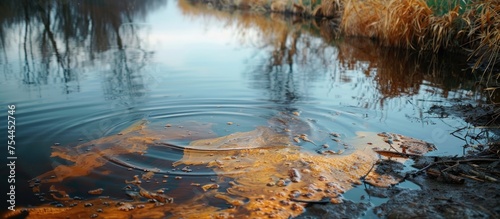 A body of water contaminated with a yellow substance floating on the surface  indicating pollution or a chemical spill.