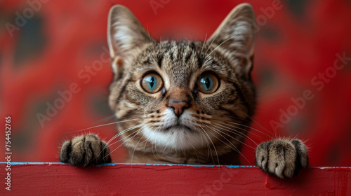 Cute tabby cat, with big eyes looking into camera. Isolated on red background. Cat, cute, furry.