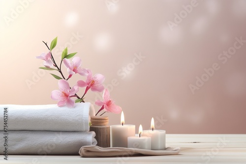 Background with pink flowers  candles  white towels  spa salon scene with copy space