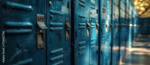 A close-up view of a row of blue metal lockers lined up next to each other.