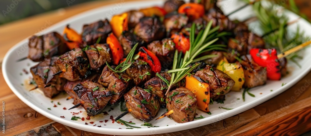 A white plate is filled with succulent skewered meat topped with a colorful array of fresh vegetables. A white plate is filled with succulent skewered meat topped with a colorful array of fresh vegetables.