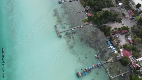 4k aerial drone view, from Tulum, Bacalar, zona arqueológica, laguna 7 colores, Yucatan quintana roo photo