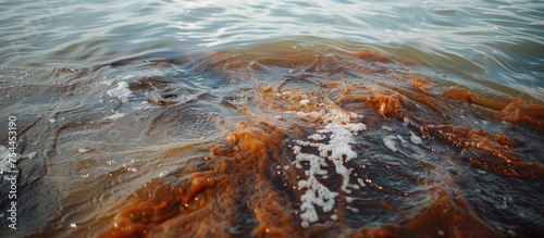 A body of water filled with brown algae, showing a significant bloom of organic matter that can indicate environmental imbalance. photo