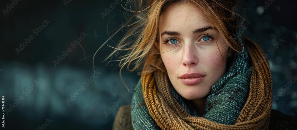 A fashionable woman confidently wears a scarf wrapped around her neck, exuding style and sophistication. A fashionable woman confidently wears a scarf wrapped around her neck, exuding style and sophistication.