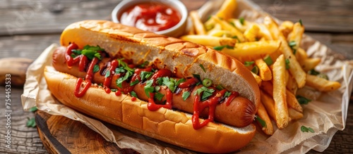 A hot dog topped with ketchup and mustard accompanied by a side of crispy french fries.