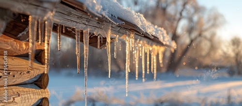 Icicles are hanging from the roof of a wooden house, reflecting the winter weather conditions. © FryArt Studio