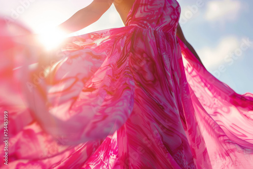 Flowing pink maxi dress made from batik fabric. Generative AI
