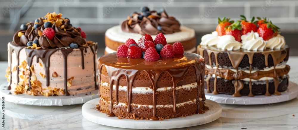A group of three delicious cakes with different toppings sitting on top of a kitchen counter.