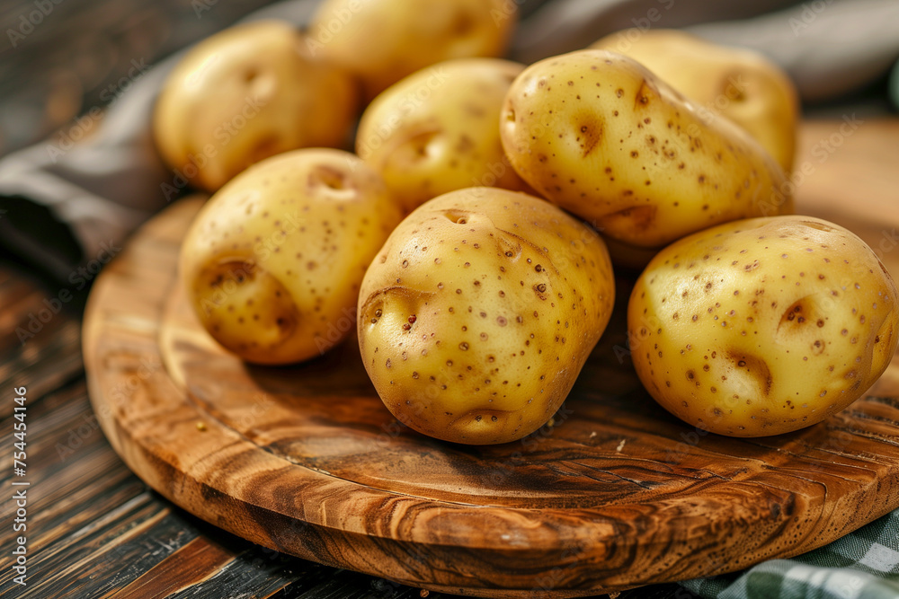 Fresh raw potatoes on the wooden table in kitchen. Bio organic potatoes. Fresh raw potatoes on the wooden table in kitchen. Bio organic potatoes.