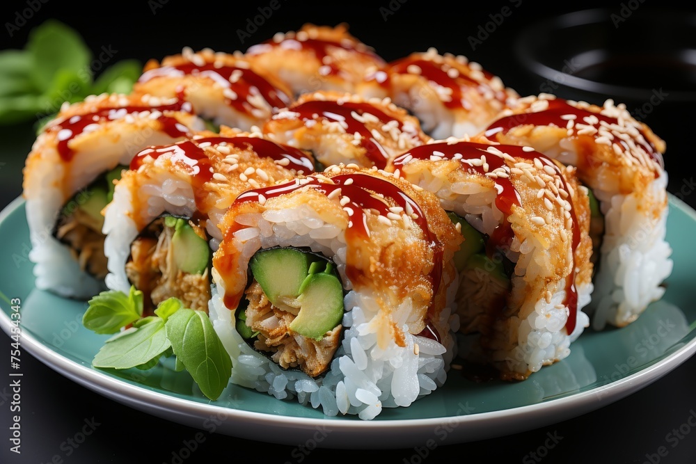 Assorted japanese sushi rolls with chopsticks, soy sauce, and wasabi on traditional tableware Assorted japanese sushi rolls with chopsticks, soy sauce, and wasabi on traditional tableware