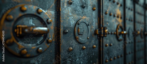 Detailed view of multiple metal doors with knobs, showcasing their intricate design and texture.