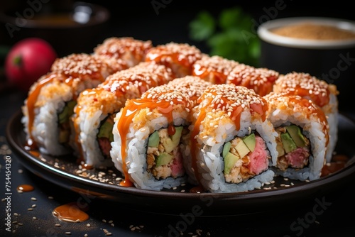 Colorful japanese sushi rolls platter with soy sauce and wasabi on traditional tableware