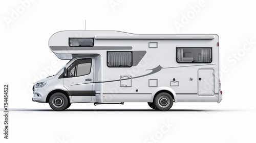 Small White Camper Parked on White Background