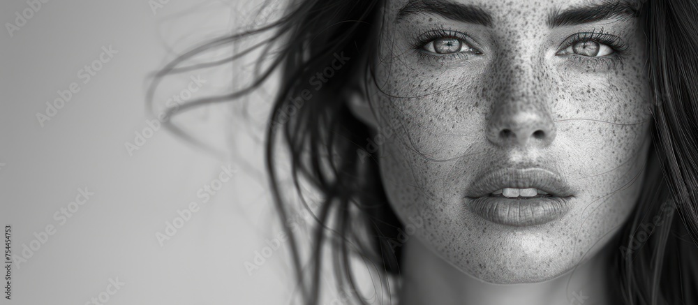 A black and white portrait featuring a woman with freckled hair.