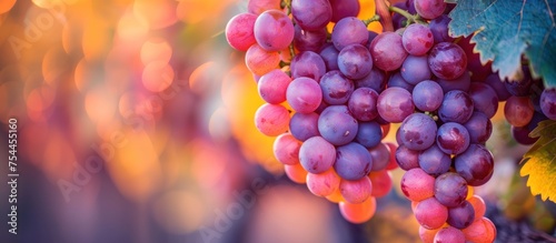 Ripe, juicy grapes clustered together, hanging from a vine in a natural setting.