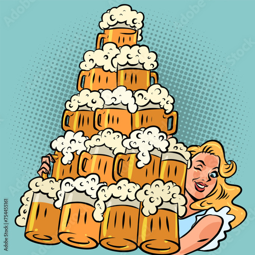 The girl offers excellent foamy beer to visitors. Great deals for a bar, tavern or restaurant. The waitress does a fantastic job for the establishment.