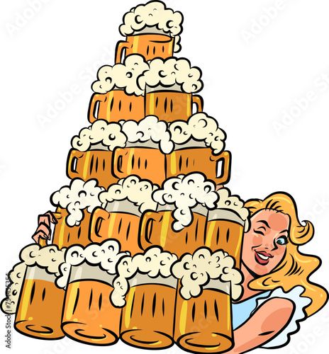 The girl offers excellent foamy beer to visitors. Great deals for a bar, tavern or restaurant. The waitress does a fantastic job for the establishment.