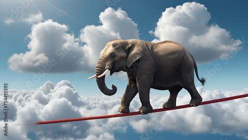 Elephant balancing on the tightrope high in the sky ab (éléphant - funambule - défi - challenge) .Generative ai