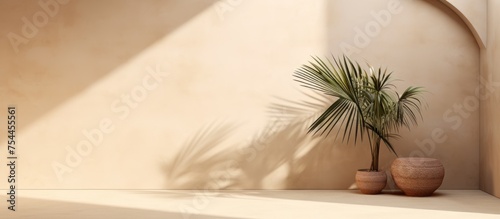 A potted plant is positioned next to a wall, casting a shadow on the beige plaster surface. The scene exudes a minimalist aesthetic with a touch of luxury and boho vibes.
