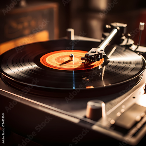 Close-up of a vinyl record spinning on a turntable