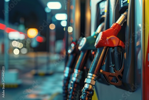 Three gas pumps are shown with a red nozzle on each. The pumps are in a city at night