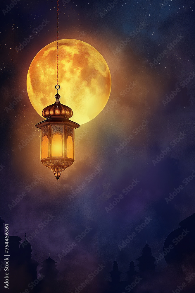 Ramadan Kareem background with traditional lanterns. Eid mubarak. Celebrating Muslims holiday, copy space greeting card. Islam tradition illustration.