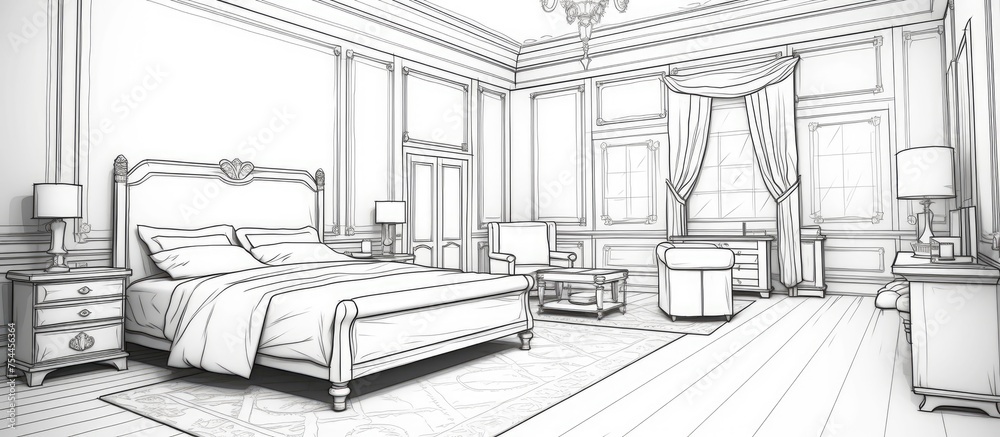 Fototapeta premium This image depicts a hand-drawn bedroom interior featuring a large bed as the focal point. The room includes detailed outlines of furniture and decor,