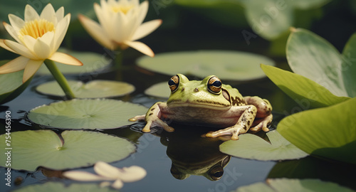 A close-up of a frog resting on a lily pad in a pond, symbolizing the return of amphibians and the abundance of life in spring. ai generative © Big