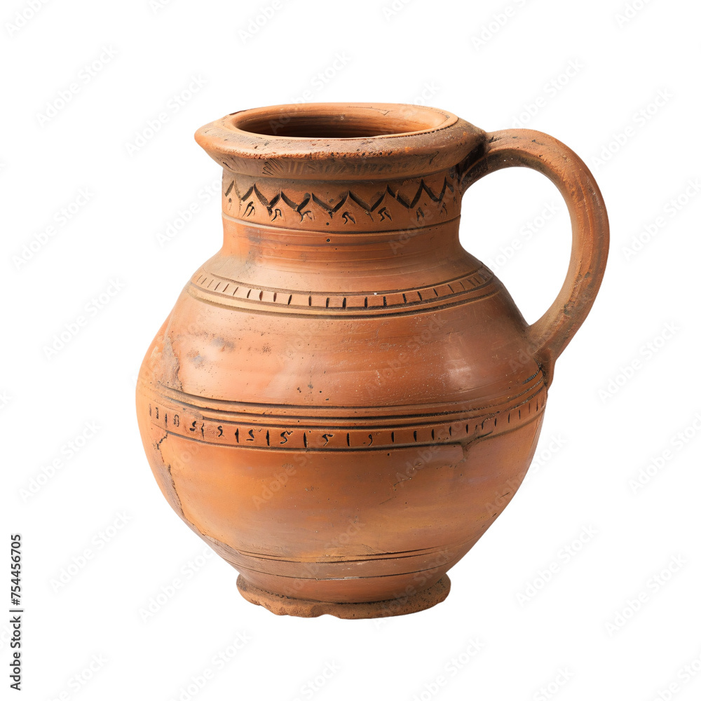 A natural clay pot water container with a handle on an isolated background