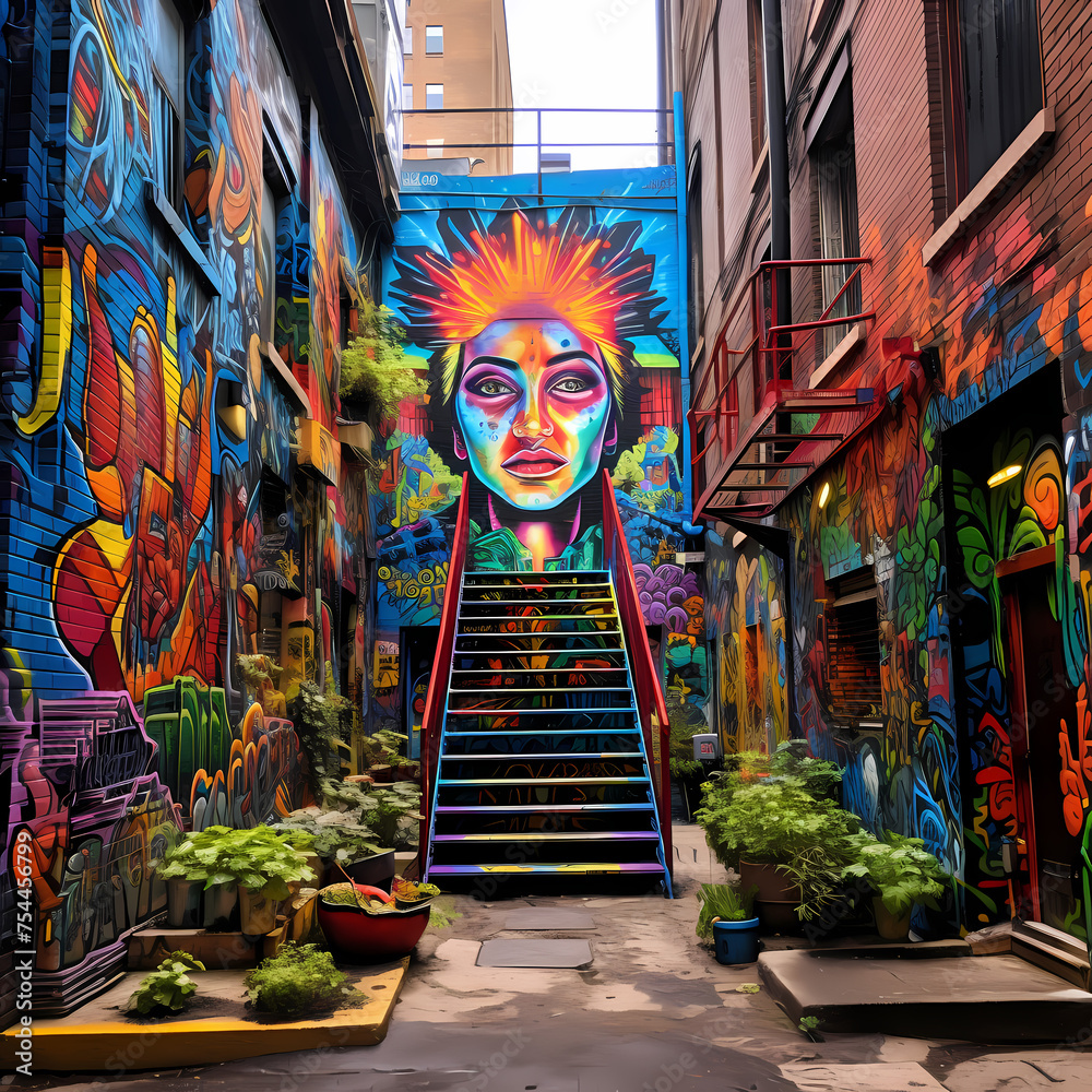 Fototapeta premium Vibrant street art in an urban alleyway. 