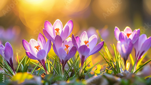 Spring landscape of crocuses blooming in the meadow in the beautiful sunlight © Myroslava