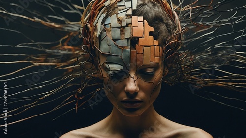 A surreal and abstract representation of mental illness, with fragmented images and disjointed lines that capture the fragmented nature of the mind.  photo