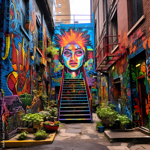 Vibrant street art in an urban alleyway. 