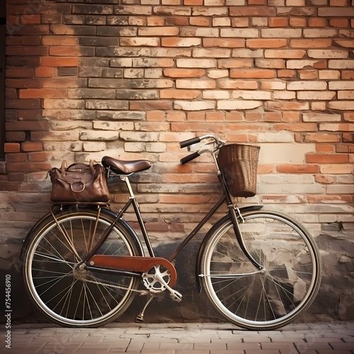 Vintage bicycle leaning against a brick wall.