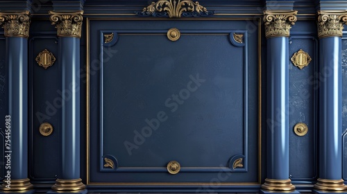 Background mock up luxury vintage blue color wall with columns,frame and gold elements.  © JuLady_studio