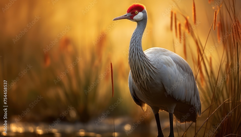 Naklejka premium A Sarus Crane, a large bird with a red head and grey body, standing gracefully on a body of water, surrounded by reeds and water plants. The crane appears to be looking for food.