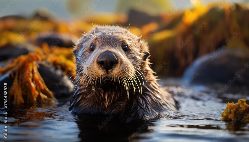 A close-up view of a wet otter swimming in a body of water, showcasing its sleek fur and webbed feet as it navigates the aquatic environment - obrazy, fototapety, plakaty 