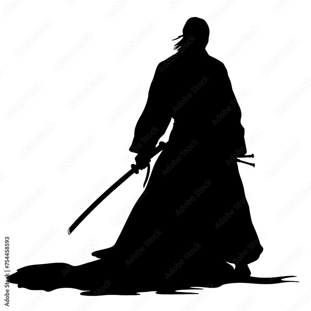 Black and white samurai vector illustration, logo design of a traditional Japanese warrior with katana sword