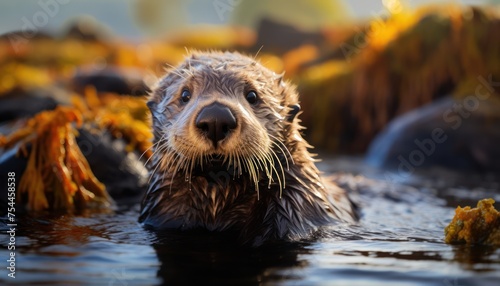 A close-up view of a wet otter swimming in a body of water, showcasing its sleek fur and webbed feet as it navigates the aquatic environment photo
