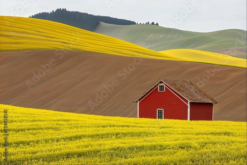 Rolling Hills with Red Poppies and Farmhouse