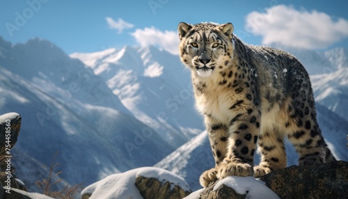 A snow leopard, a large feline with a thick fur coat, is standing proudly on top of a snowy mountain peak